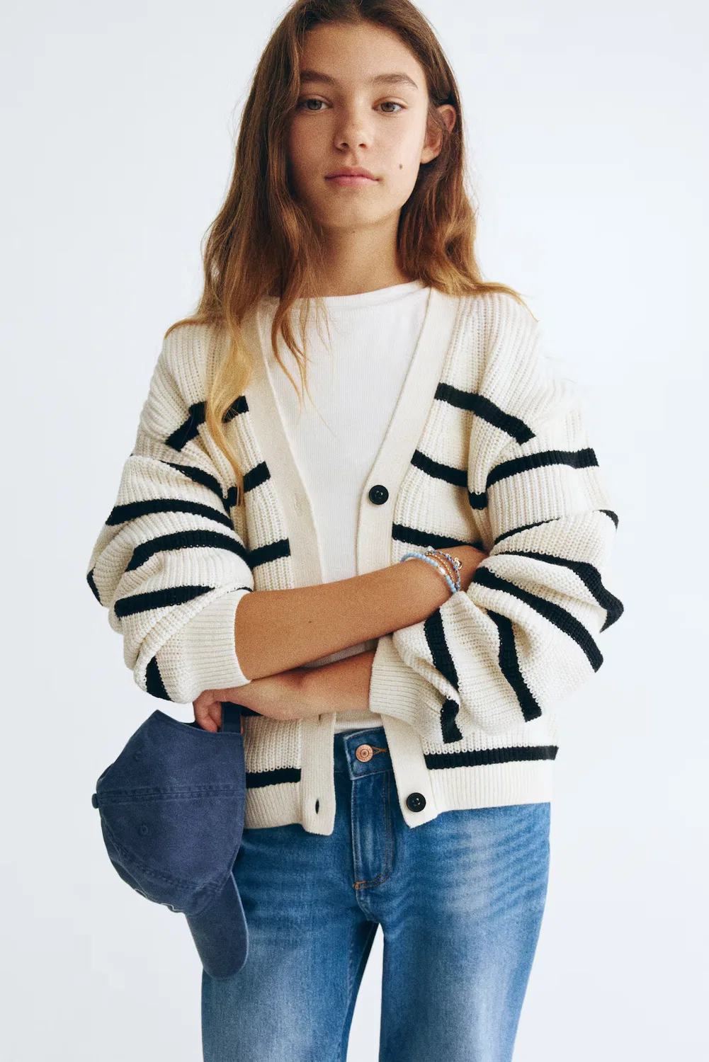 Кардиган в рубчик H&M, Cremefarben/Schwarz Gestreift
