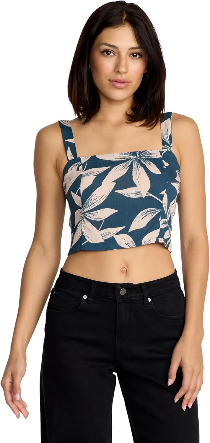 

Volcom Women's Shore Shot Cami Tank Top — приталенный топ с принтом, сборкой на спине и регулируемыми бретелями