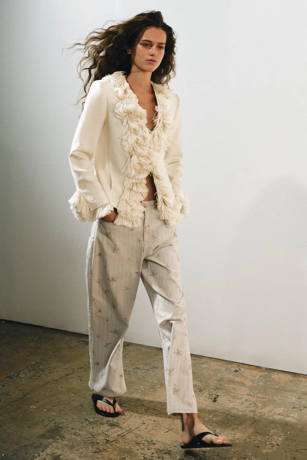 Куртка из льняной смеси ZW COLLECTION с бахромой ZARA, Ecru