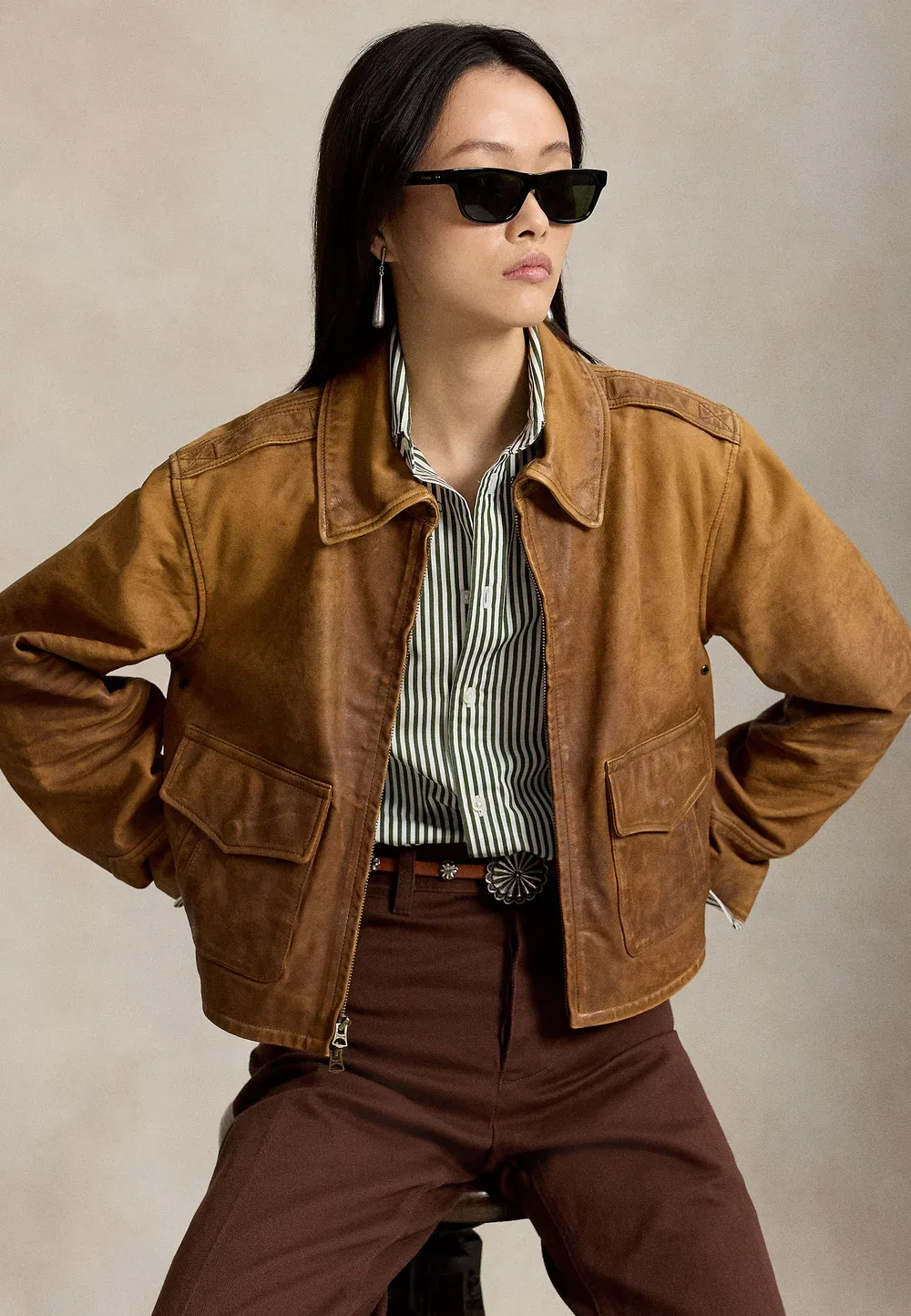 Свободная полосатая хлопковая рубашка - блузка на пуговицах Polo Ralph Lauren, Classic Drab/White — фото 4