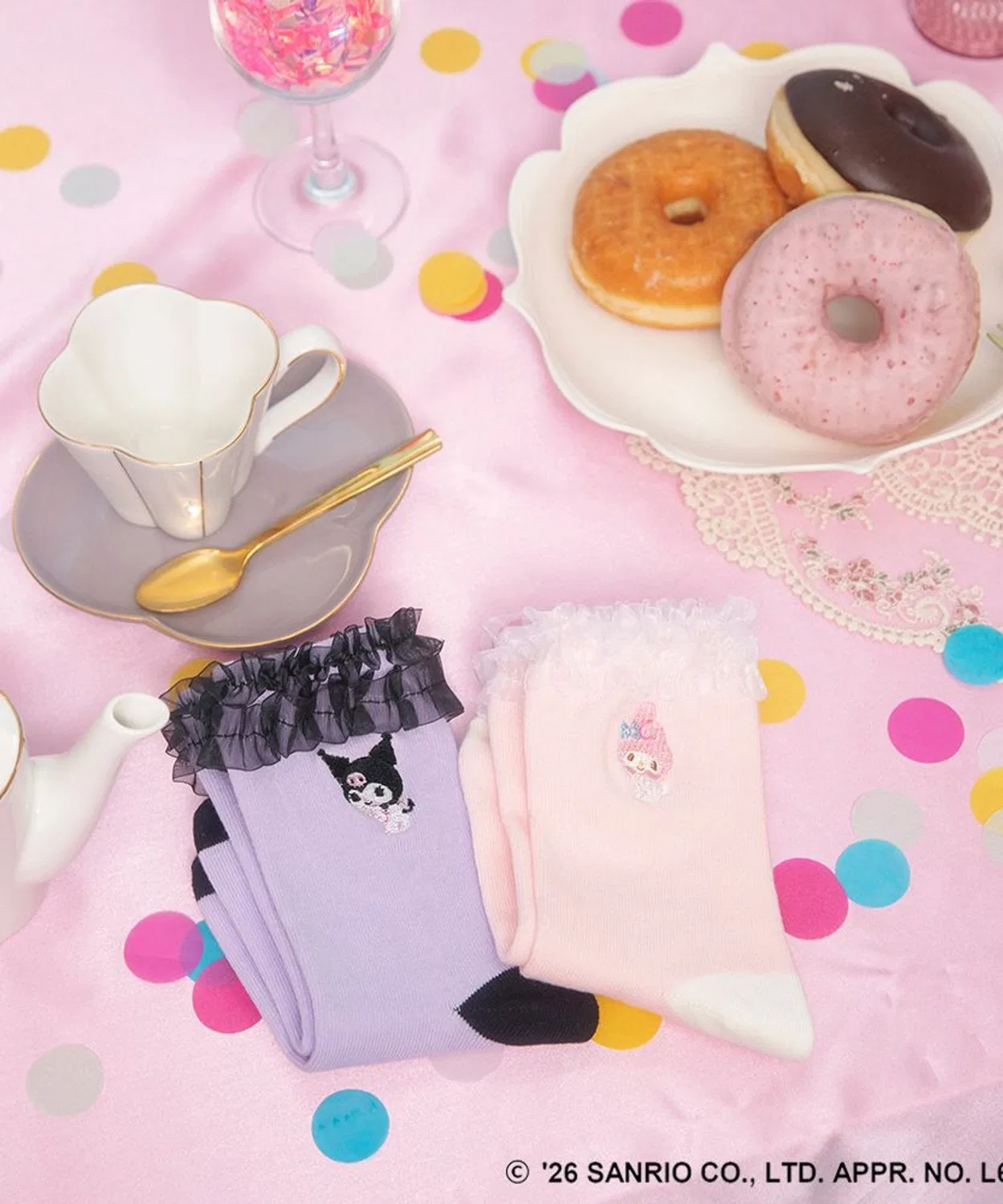 Детские носки с вышивкой и кружевной отделкой My Melody и Kuromi branshes, Розовый — фото 3