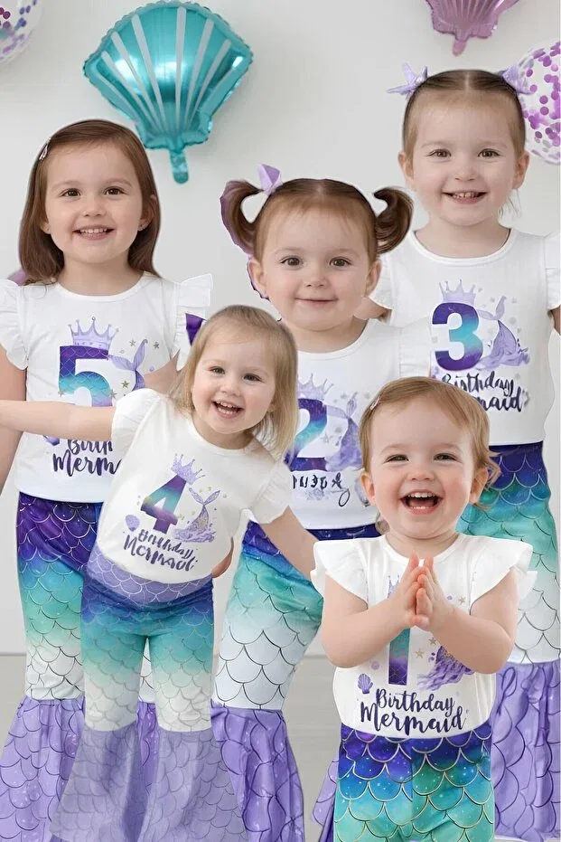 Детский комплект для девочек с принтом Mermaid Themed Birthday Tights Set My Kids Wear, White-Multicolor