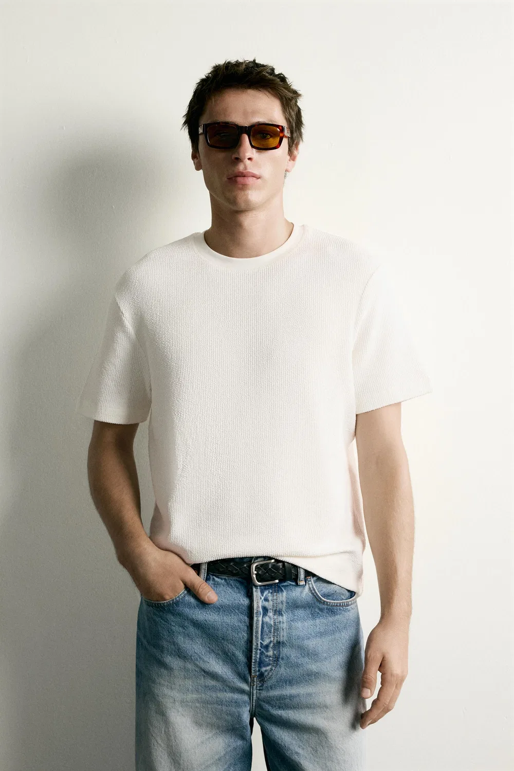 Футболка из сирсакера стандартного кроя ZARA, Oyster-white — фото 2