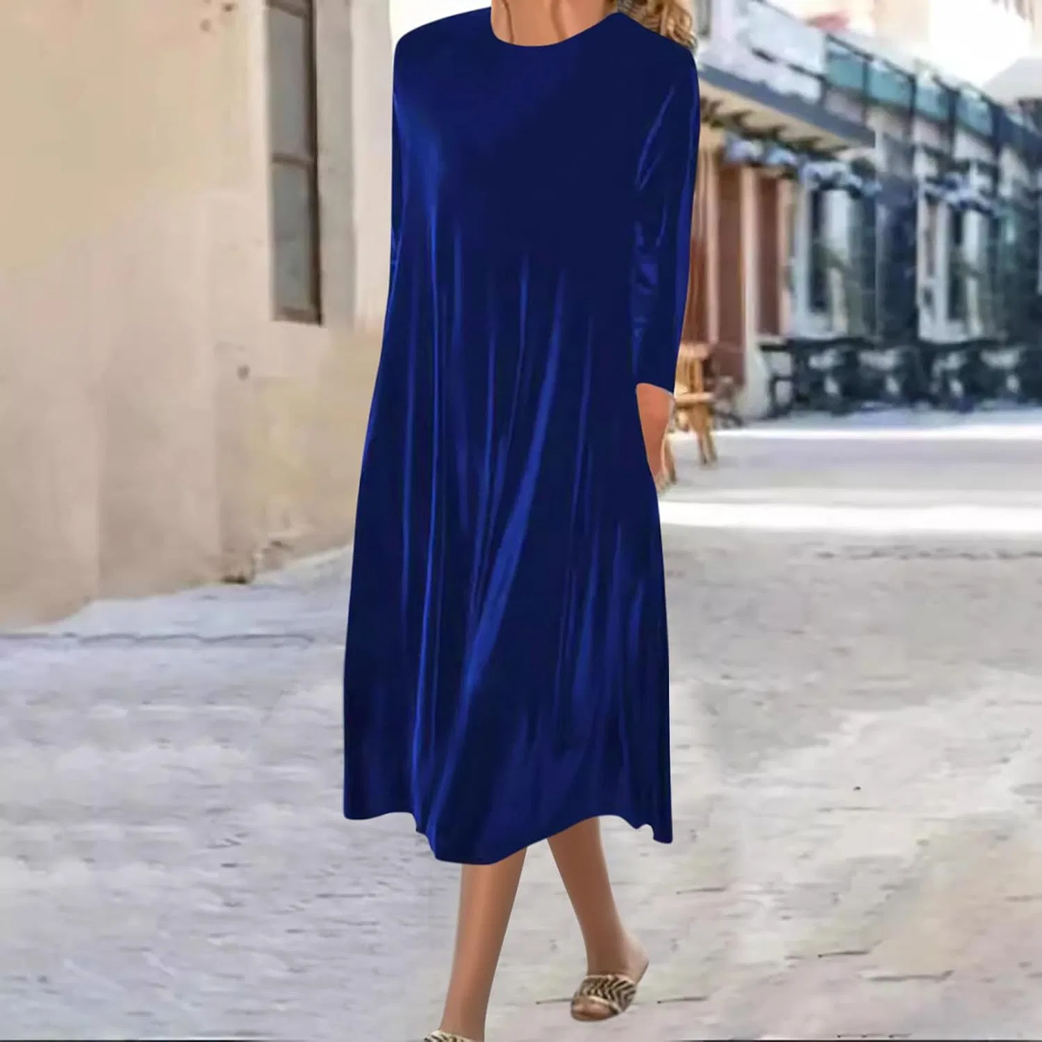 Женское свободное платье миди с длинным рукавом, Blue — фото 2