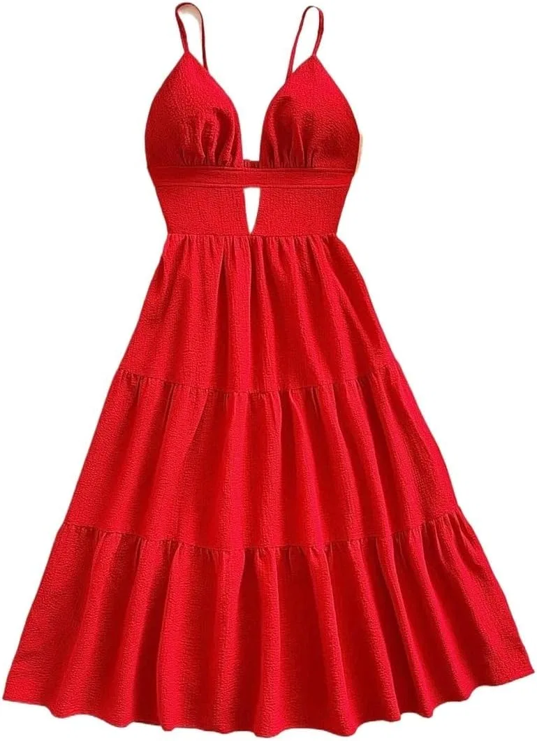 Женское пляжное платье на бретелях с рюшами, Red