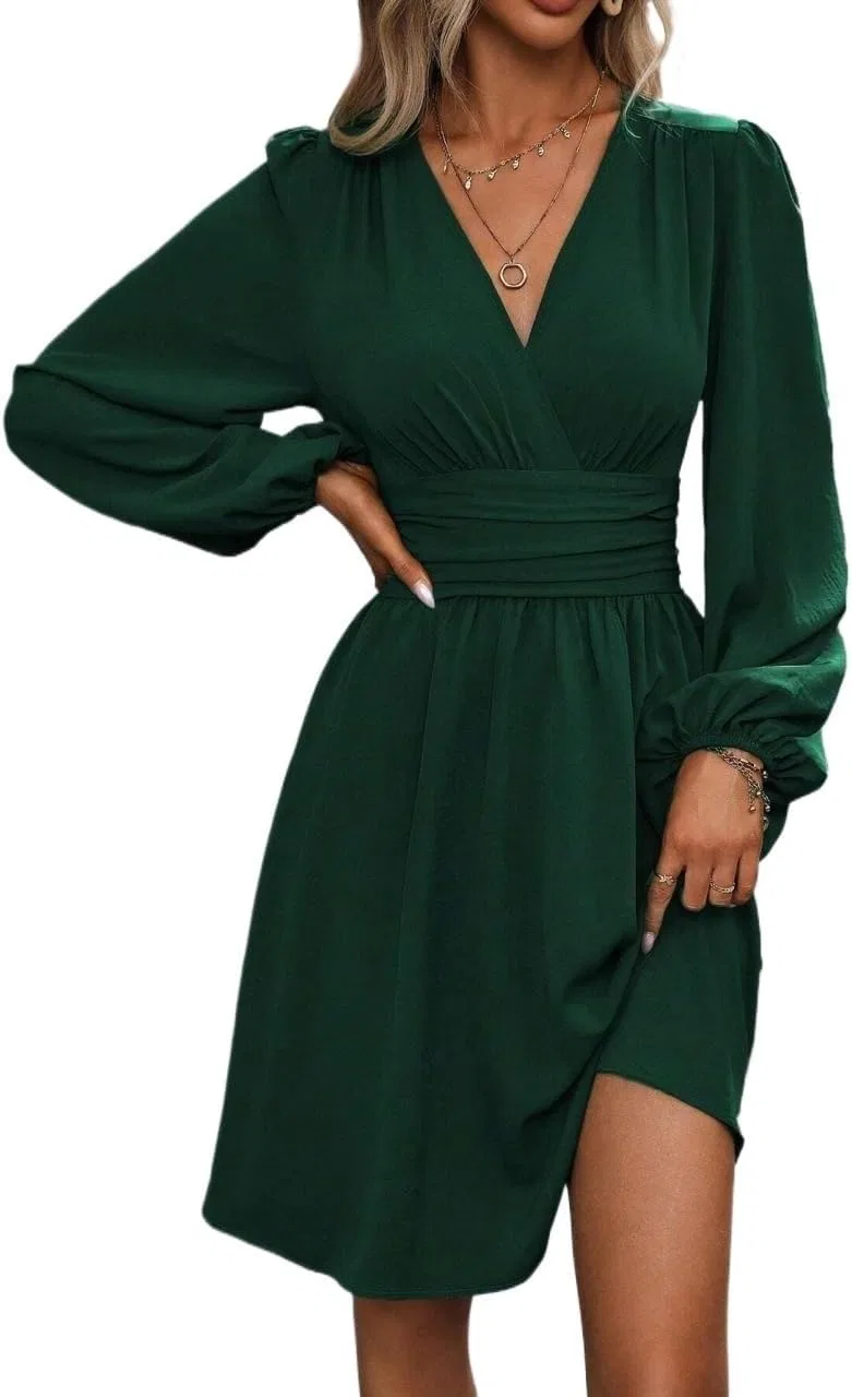 Женское элегантное платье A-силуэта с V-образным вырезом, Dark Green