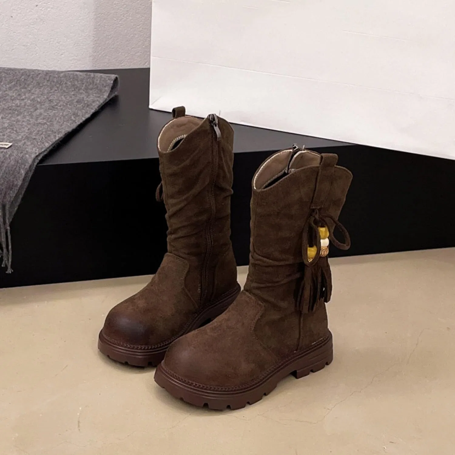 Детские сапоги для девочек с бахромой Fashion Faux Suede SHOPESSA, Brown — фото 3