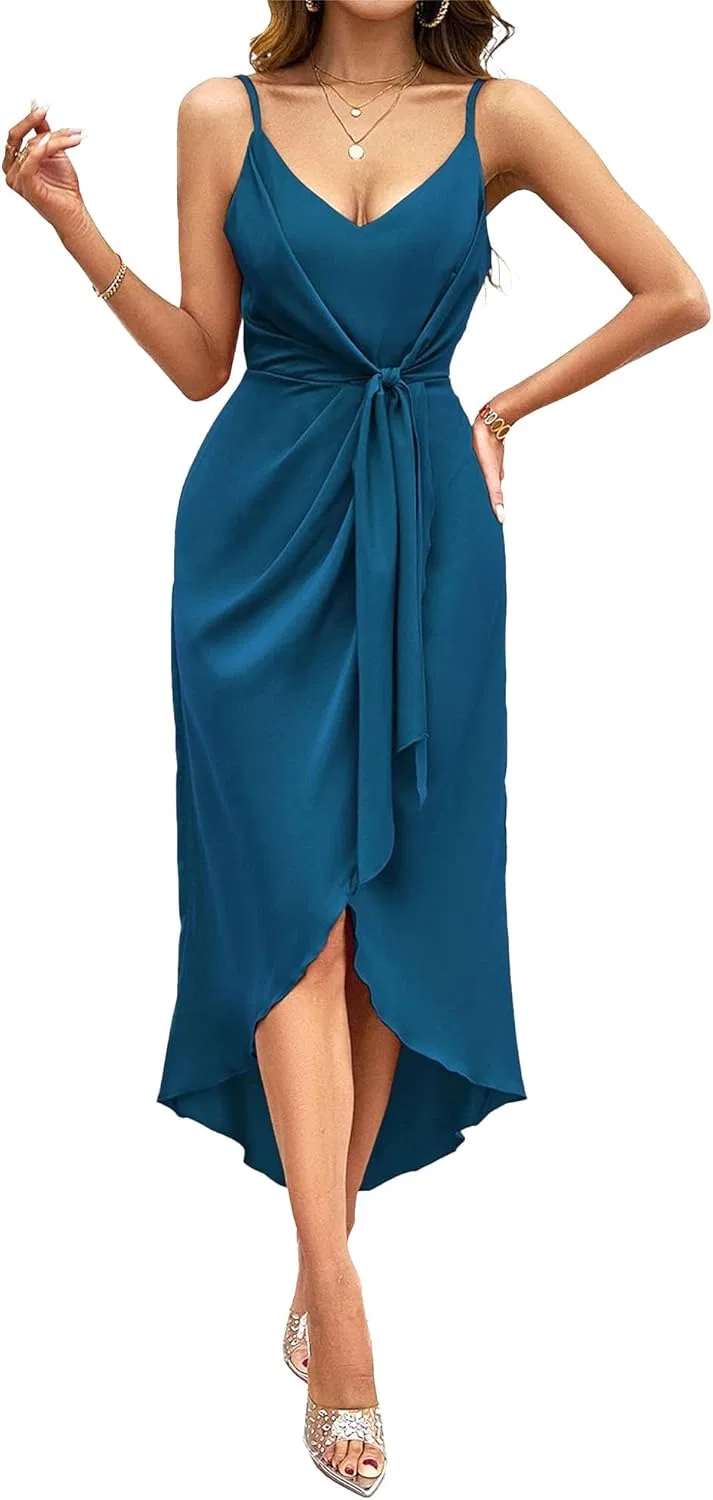 Женское коктейльное платье с V-образным вырезом и разрезом, Navy Blue