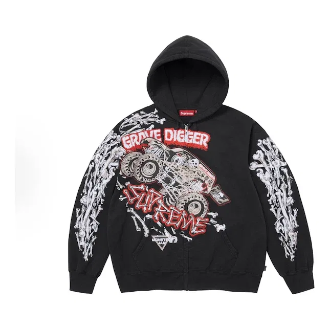Мужское худи с молнией и принтом Supreme x Grave Digger SS26 Bones Zip Up Hooded Sweatshirt, черный