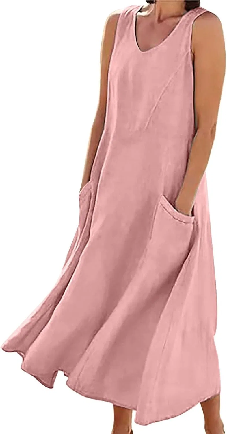 Женское летнее свободное платье макси из хлопка и льна, Pink