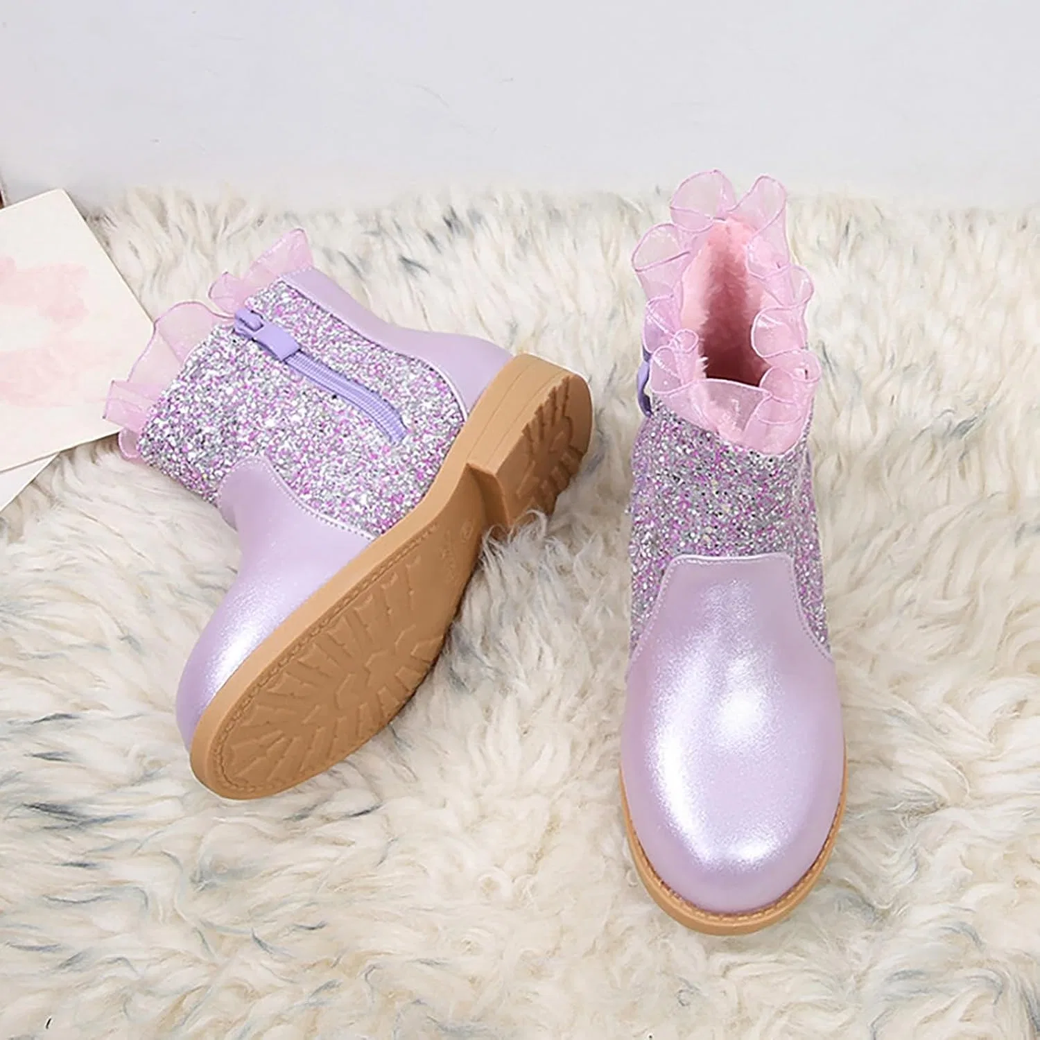 Детские ботинки для девочек с блестками и меховой подкладкой, Purple — фото 4