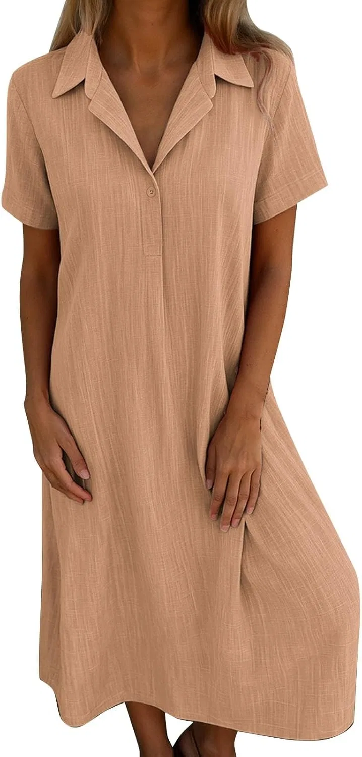 Женское повседневное платье миди с V-образным вырезом Cotton Linen, Orange