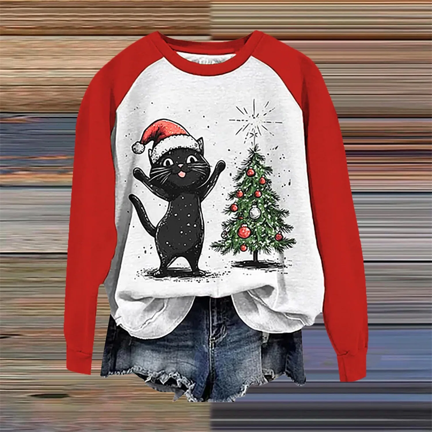 Женский свитшот с принтом Christmas Tree Funny Cat Say What Woman Pullover, Z12 Red — фото 2