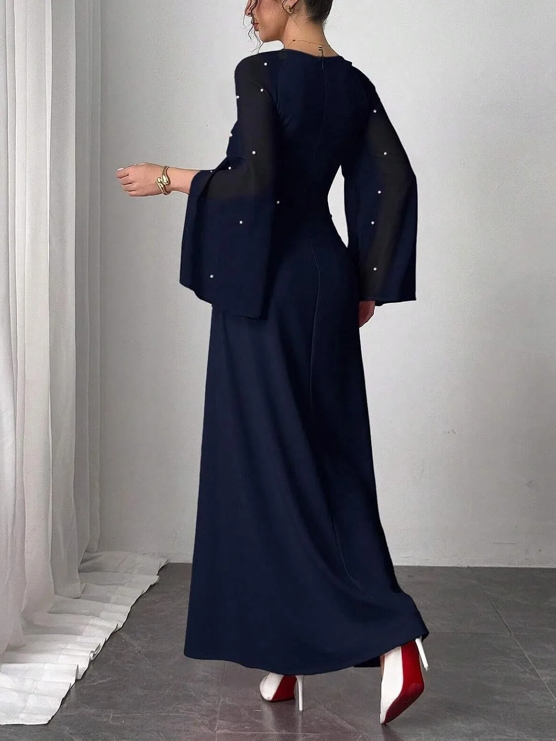 Женское A-силуэта макси платье с длинными рукавами, Navy Blue — фото 2