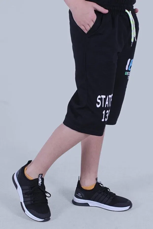 Детские шорты для мальчиков с принтом Iba text printed double pocket detailed boy's black capri shorts Panio Kids, Black — фото 4