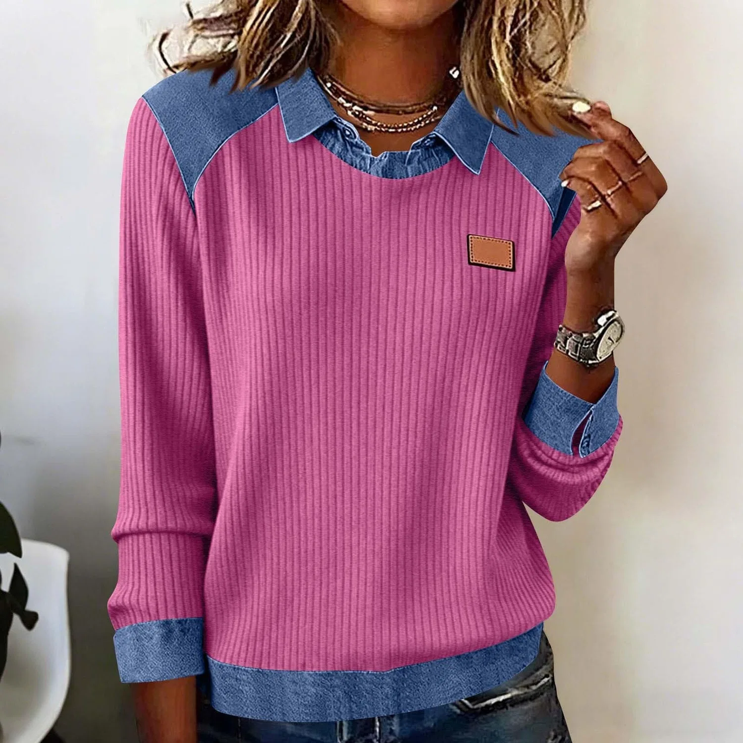 Женский свитшот с джинсовыми вставками Vintage Stitching Patchwork, Zb-pink — фото 2