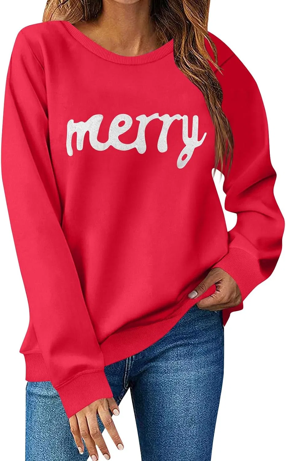 Женский свитшот с принтом Merry And Bright, длинным рукавом, красный — фото 4