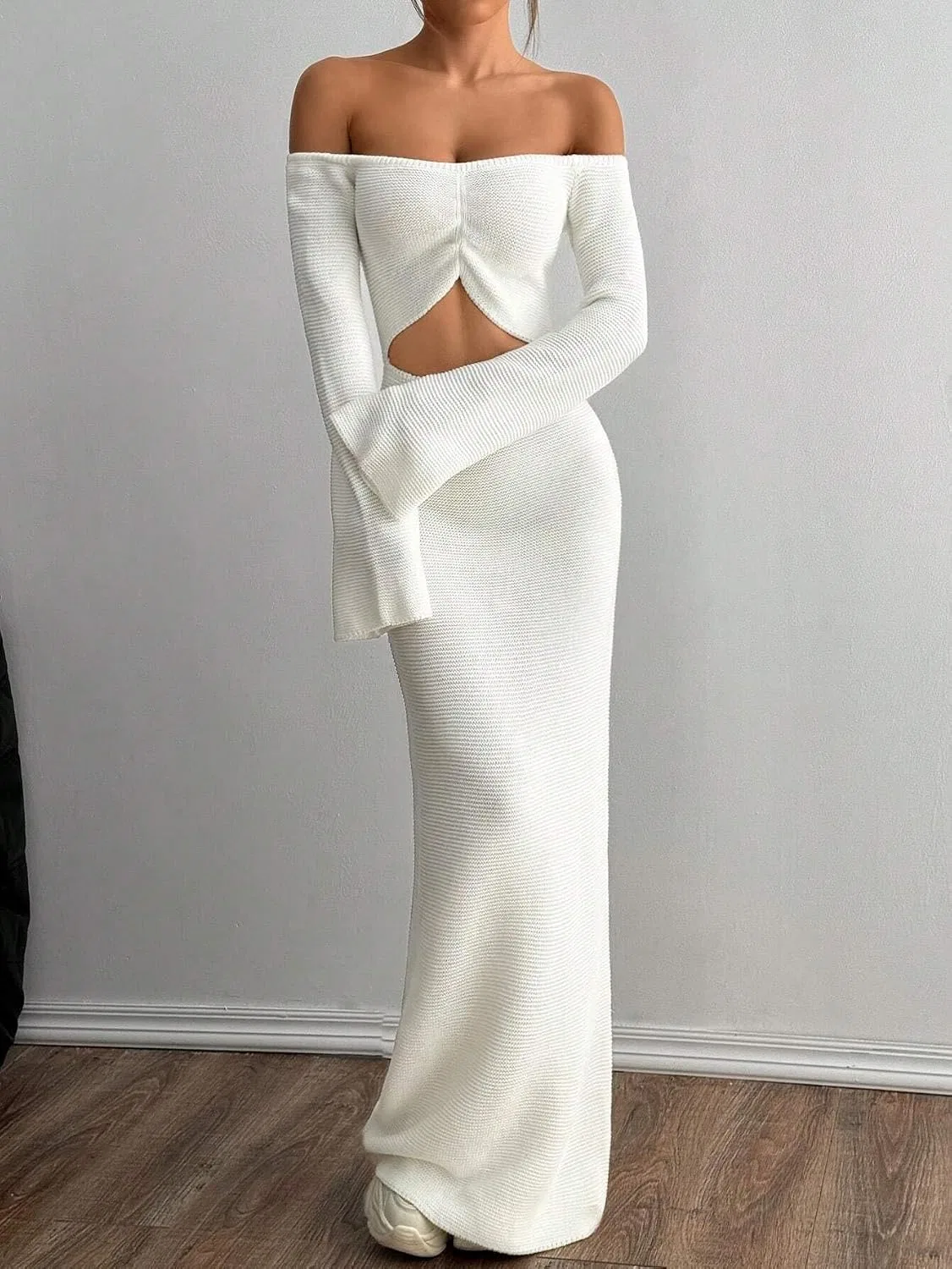 Женское повседневное платье офф-шолдер с открытой спиной Knitted, Apricot — фото 4