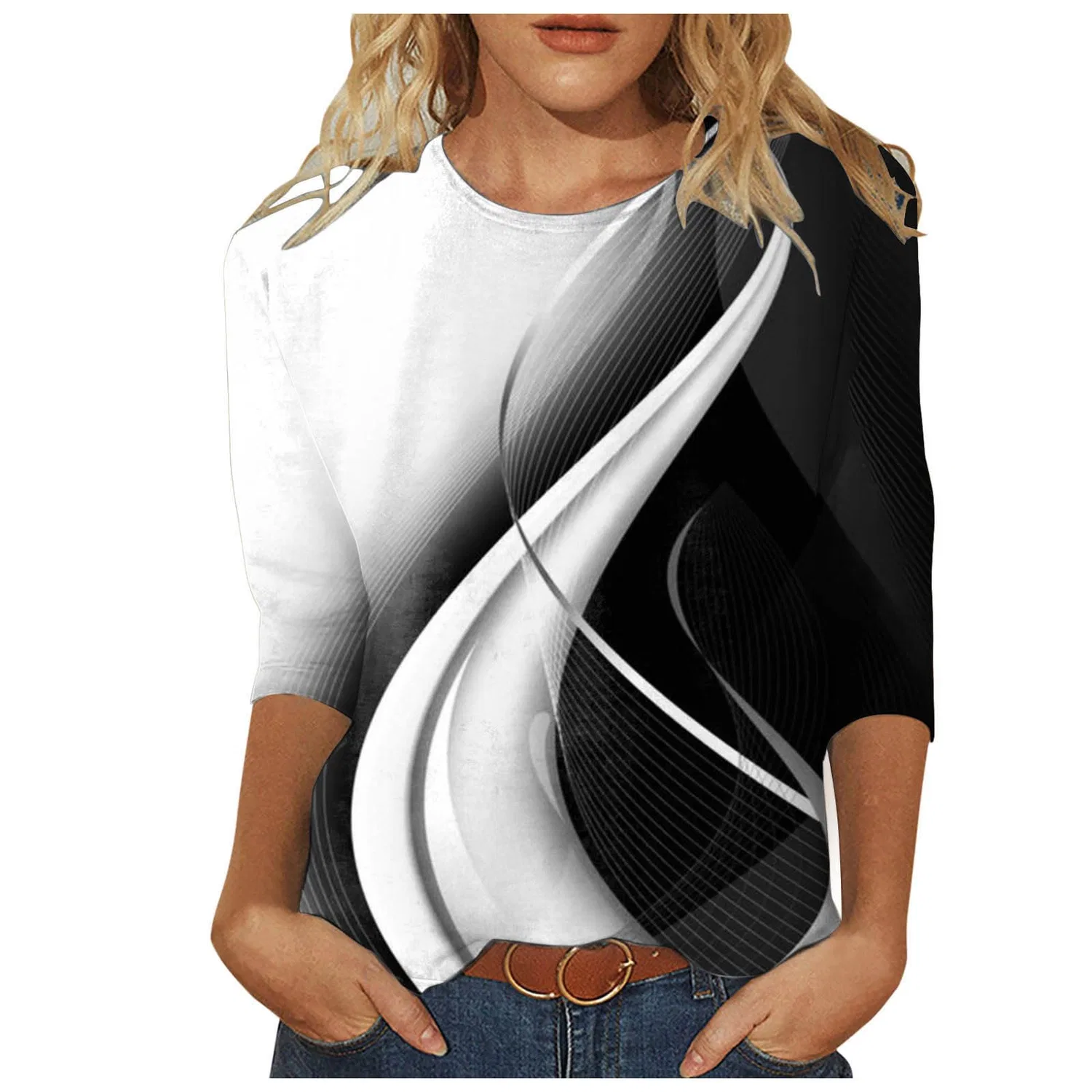 Женская футболка с V-образным вырезом Colorful Gradient Geometric Print, бренд, Black-3