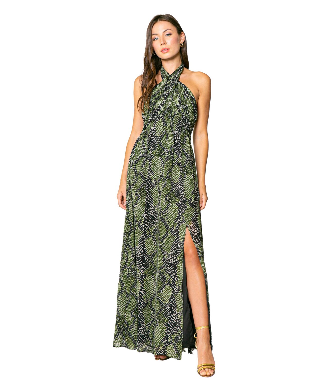 

Платье LAVENDER BROWN, Olive Snake Printed Maxi Dress with Halter Tie Neck