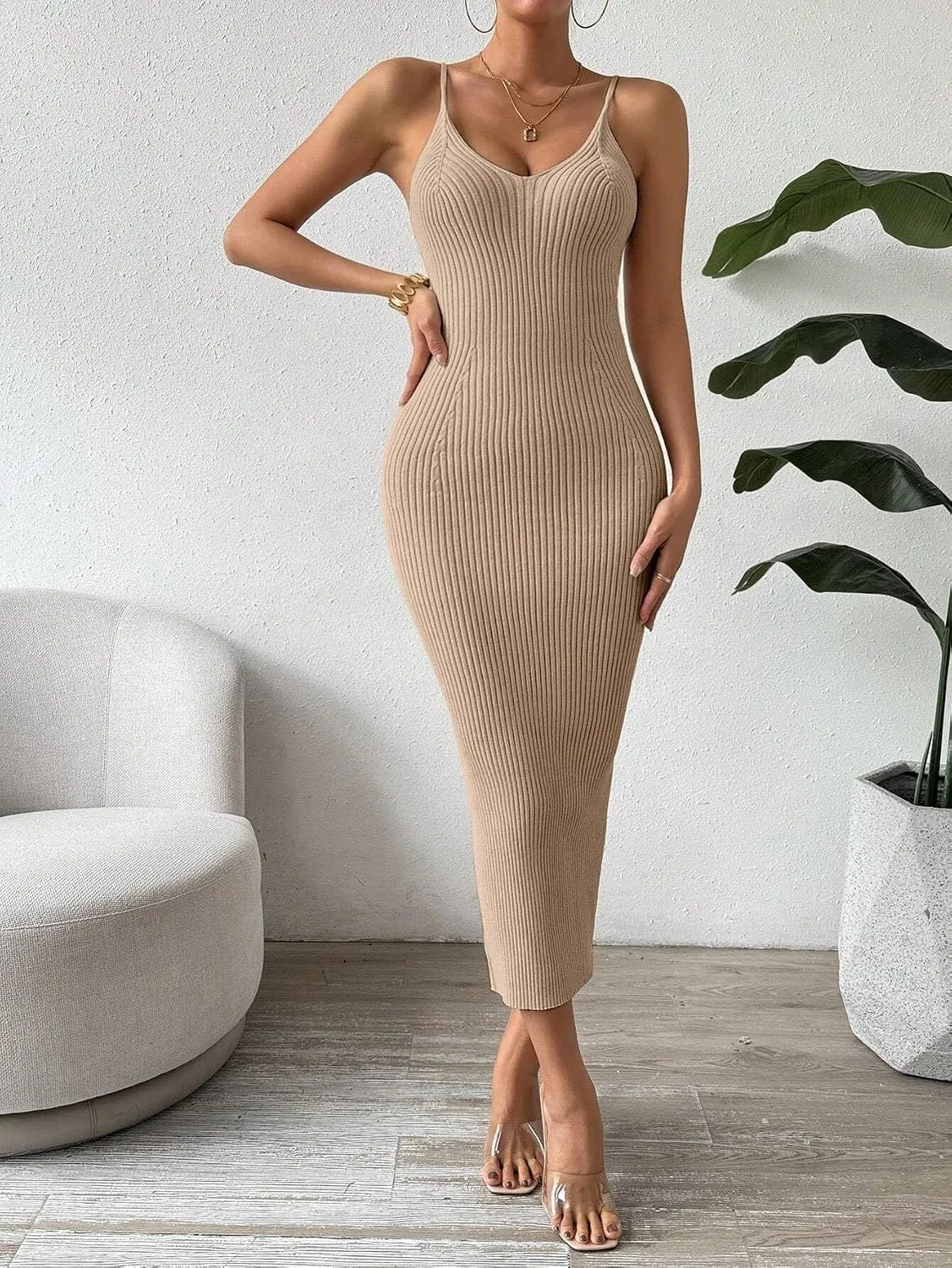 Женское повседневное платье-карандаш с разрезом, Camel — фото 4