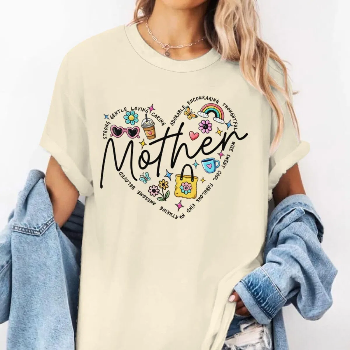 Женская футболка с принтом Mother Heart, молочно-белый — фото 4