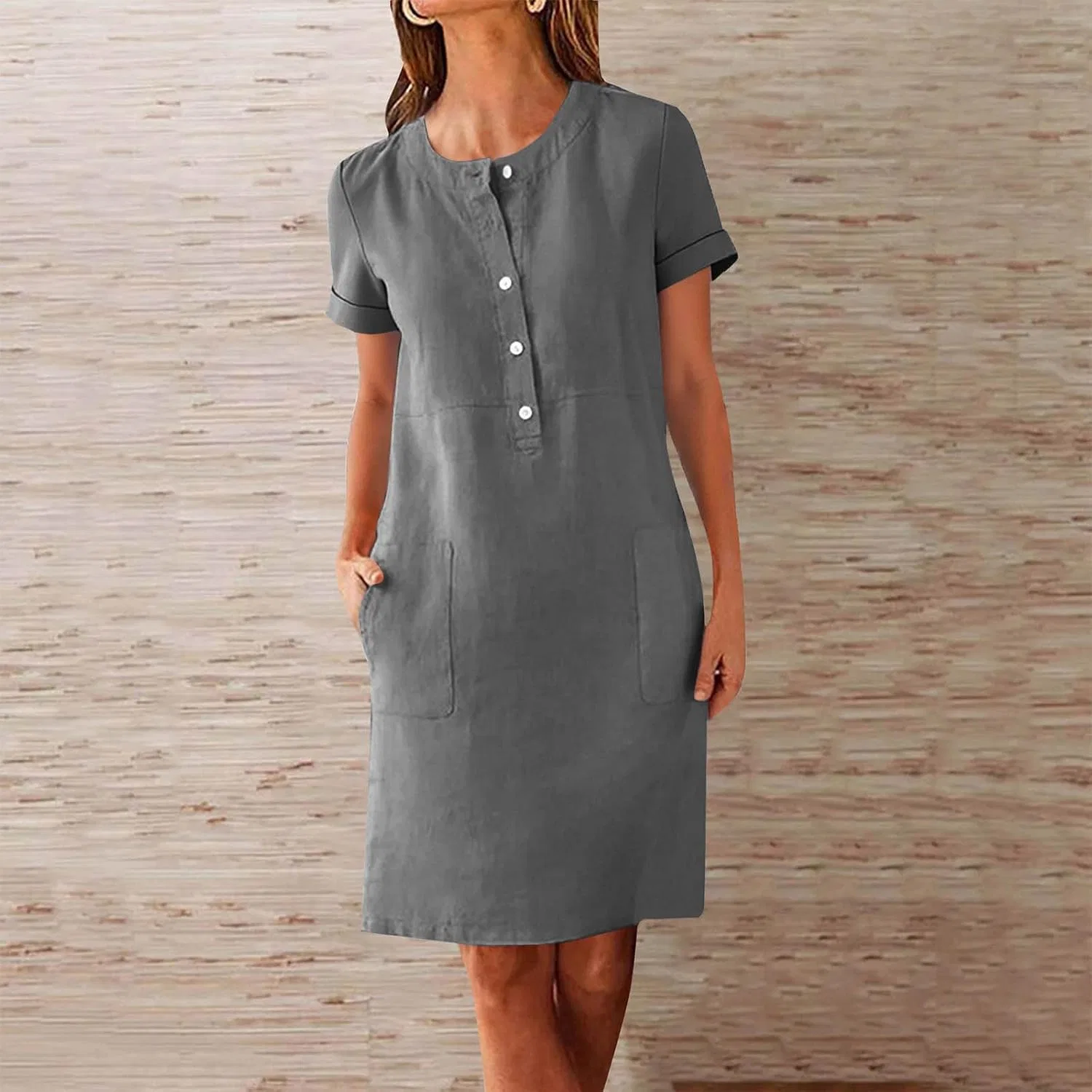Женское летнее платье с коротким рукавом и пуговицами, Dark Gray-1 — фото 2
