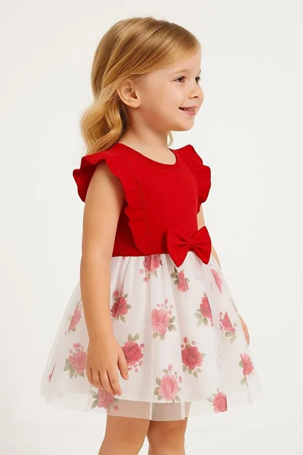 Детское платье для девочек с принтом Floral patterned baby girl dress with bow sleeveless tutu skirt - princess birthday Dinamik Çocuk, Red — фото 2