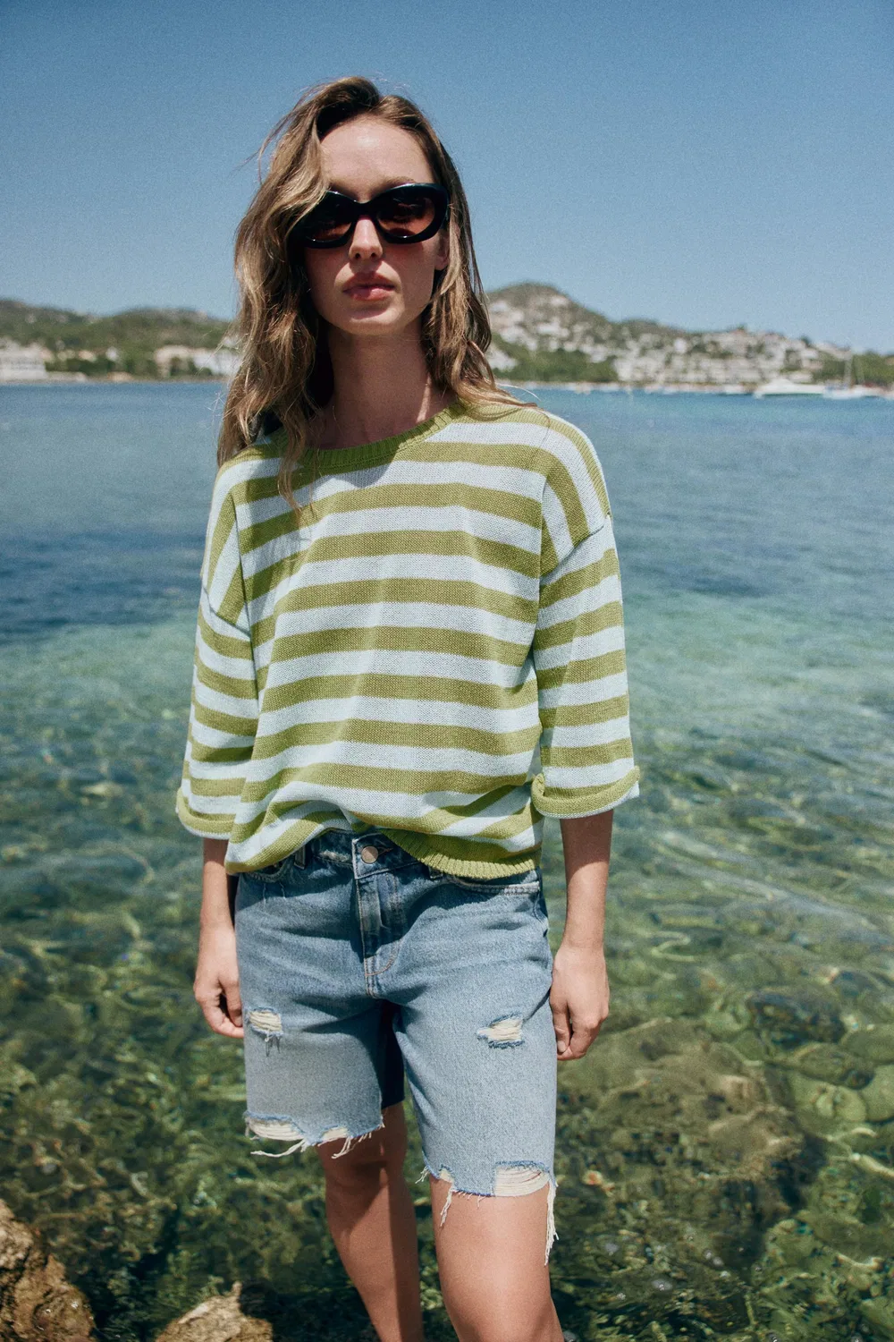 Z1975 Рваные джинсовые шорты-бермуды ZARA, Mid-blue