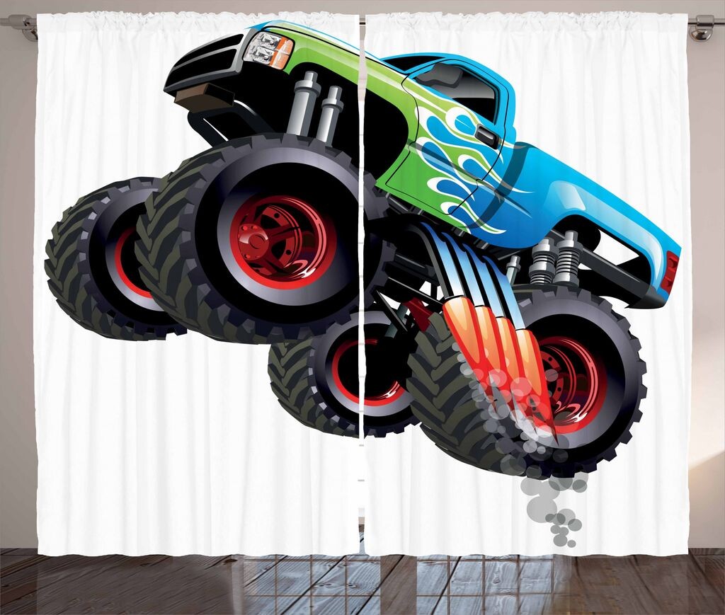 

Занавеска ABAKUHAUS Cars в деревенском стиле, Monster Truck Cool Cartoon, универсальные ленточные шторы для гостиной с петлями и крючками, 280 x 175 см, черно-зеленые и цвета морской волны, зеленый