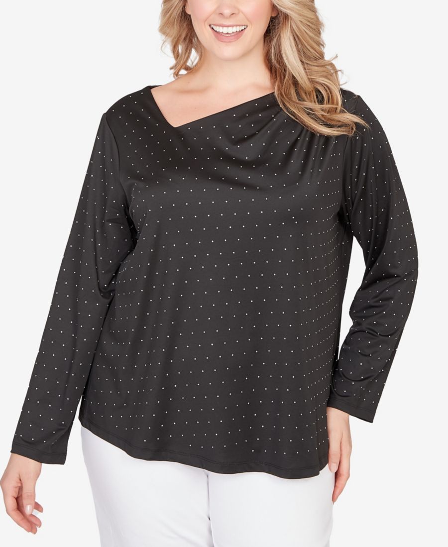 

Топ большого размера с длинными рукавами и асимметричным вырезом, украшенный стразами HEARTS OF PALM, Black