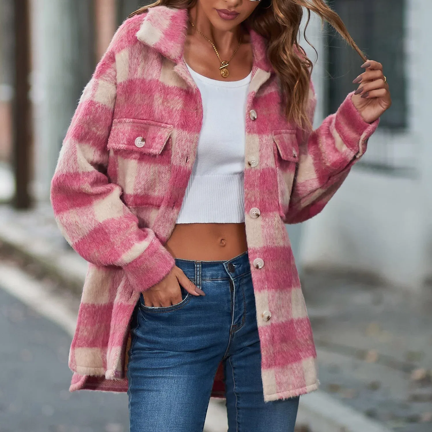 Женская рубашка в клетку с длинным рукавом, Colore: Rosa — фото 3