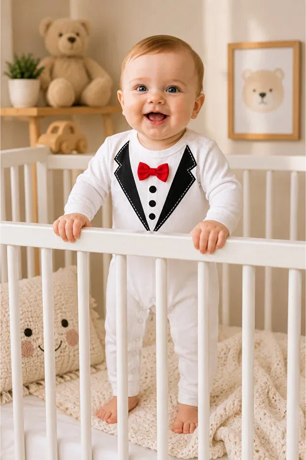 Детский комбинезон для мальчиков хлопковый Gentleman collection Nevrankids, Ecru — фото 4