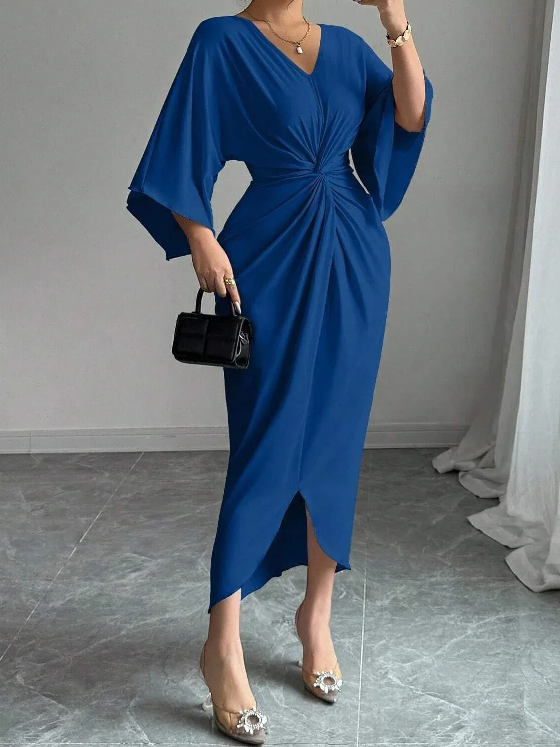 Женское элегантное платье с запахом V-образным вырезом Navy Blue — фото 4