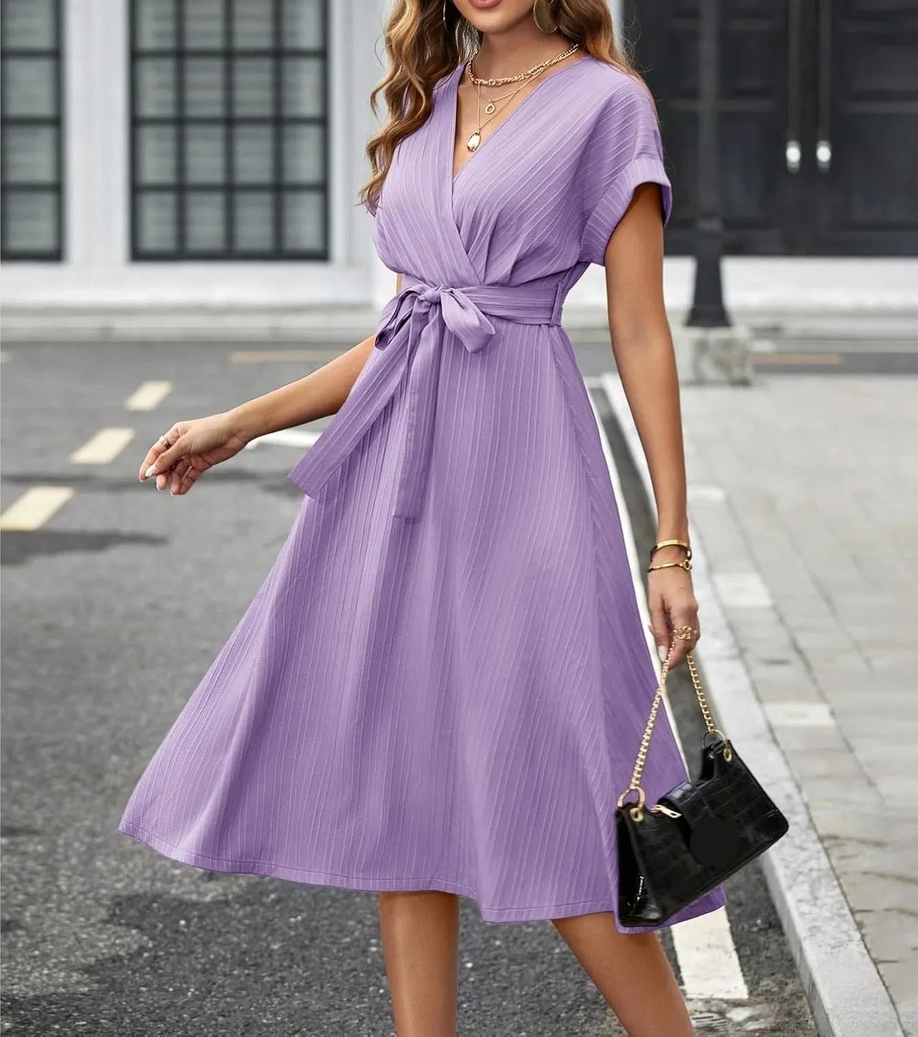 Женское повседневное платье миди с поясом и рукавами-кимоно, Mauve Purple — фото 3