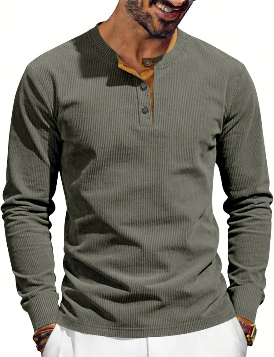 Мужская спортивная футболка с длинным рукавом вельветовая Henley, Army Green — фото 2