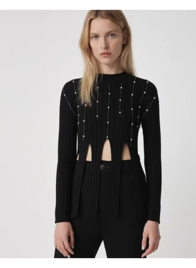 Свитер с полузакрытым воротом и бахромой из жемчуга Zara, черный
