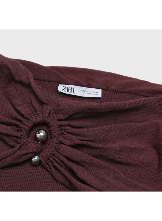 Топ с открытыми плечами и воланами Zara, темно-красный — фото 4