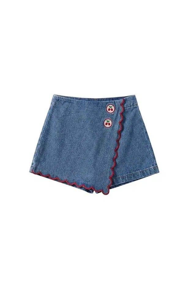 Детские шорты для девочек джинсовые с вышивкой Cherry Embroidered Jean Shorts Skirt Teeny Weeny Kids, Blue