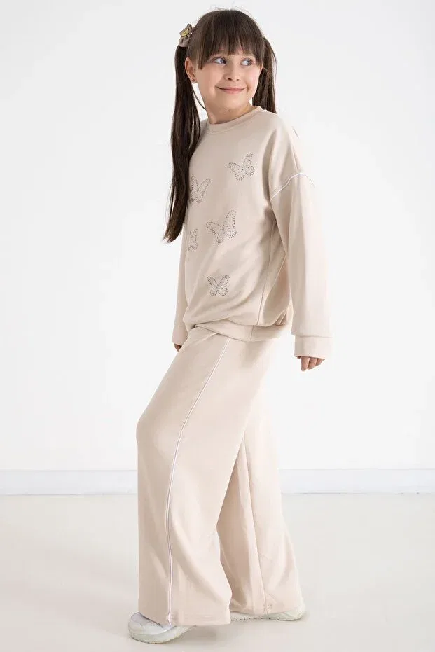 Детский комплект для девочек с принтом Beige Sequined Butterfly Embroidered Wide Leg Girls' Tracksuit Set Cansın Mini, Beige