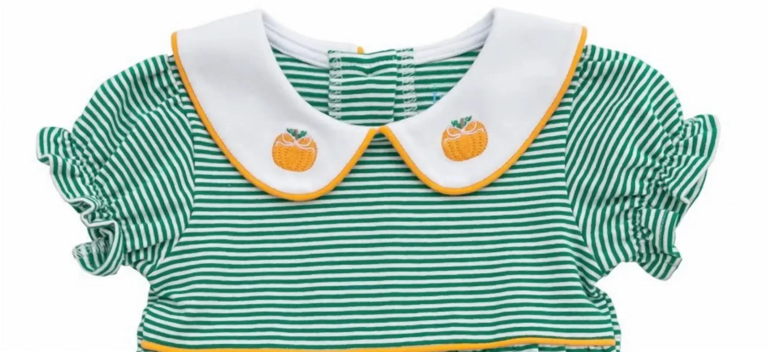 Детский боди-комбинезон для девочек с воротником и принтом тыквы Pumpkin Collared Bubble Itsy Bitsy, зеленый — фото 2
