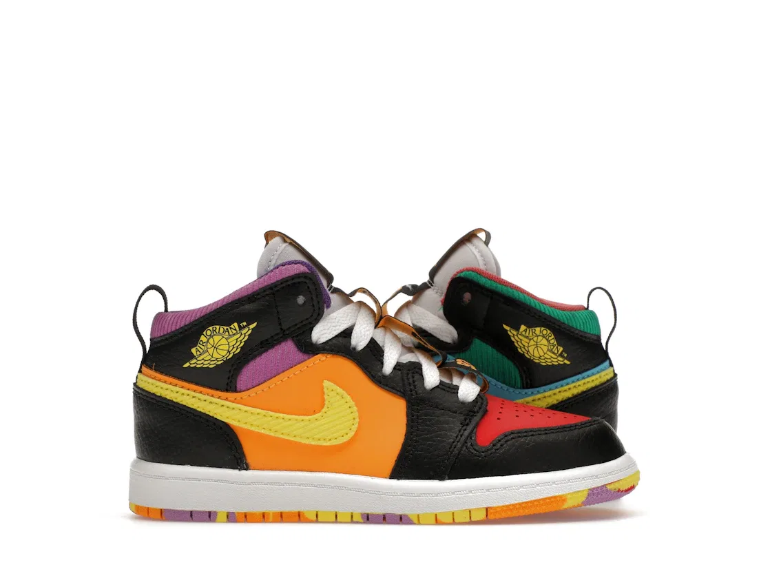 Детские кроссовки с принтом Jordan 1 Mid SS Six Championships (PS) Jordan, Black/Opti Yellow/University Red/Light Ultramarine/Sundial/Baltic Blue