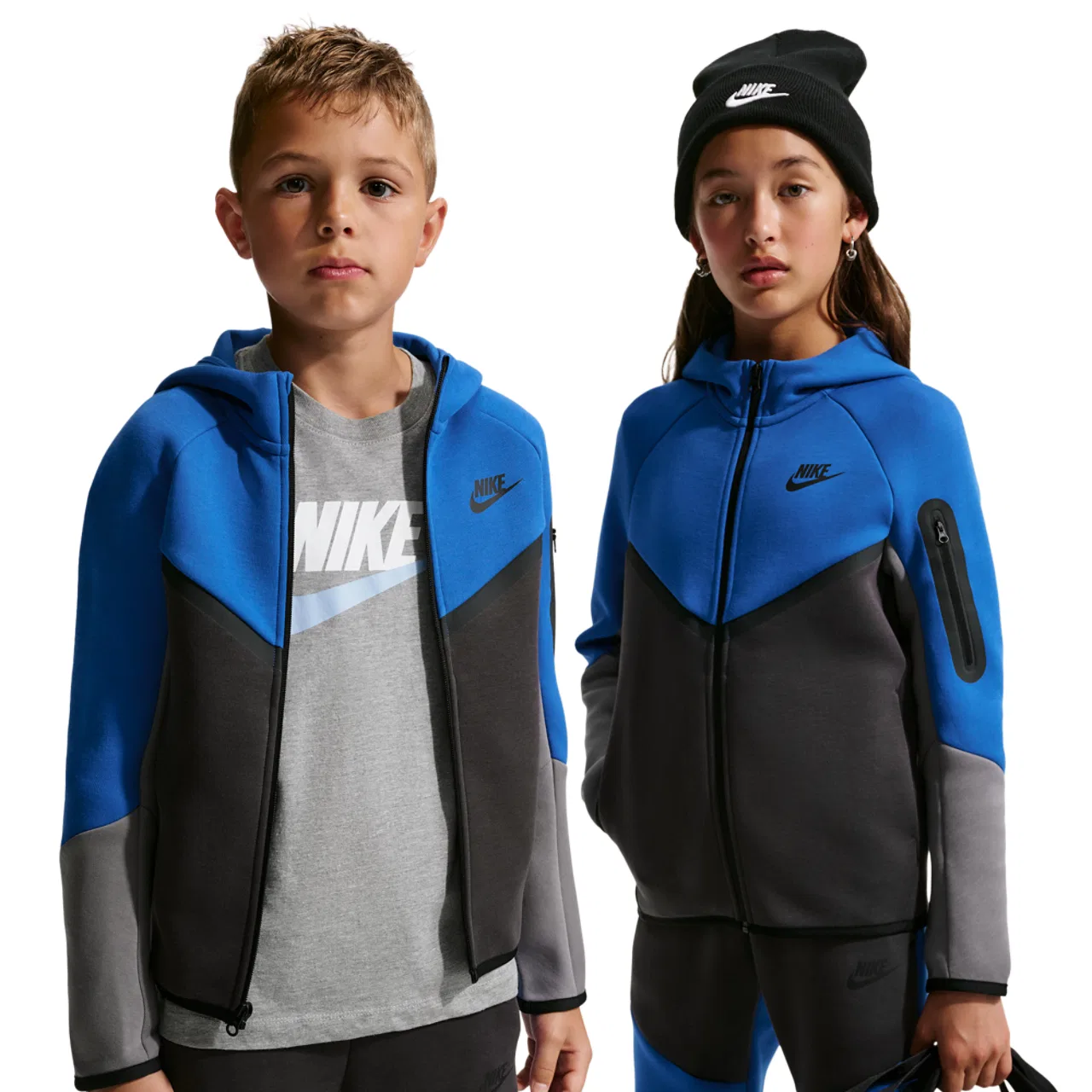 Детское худи для мальчиков с капюшоном Nike Tech Fleece Full-Zip, Anthracite Smoke Gray Game Royal — фото 3