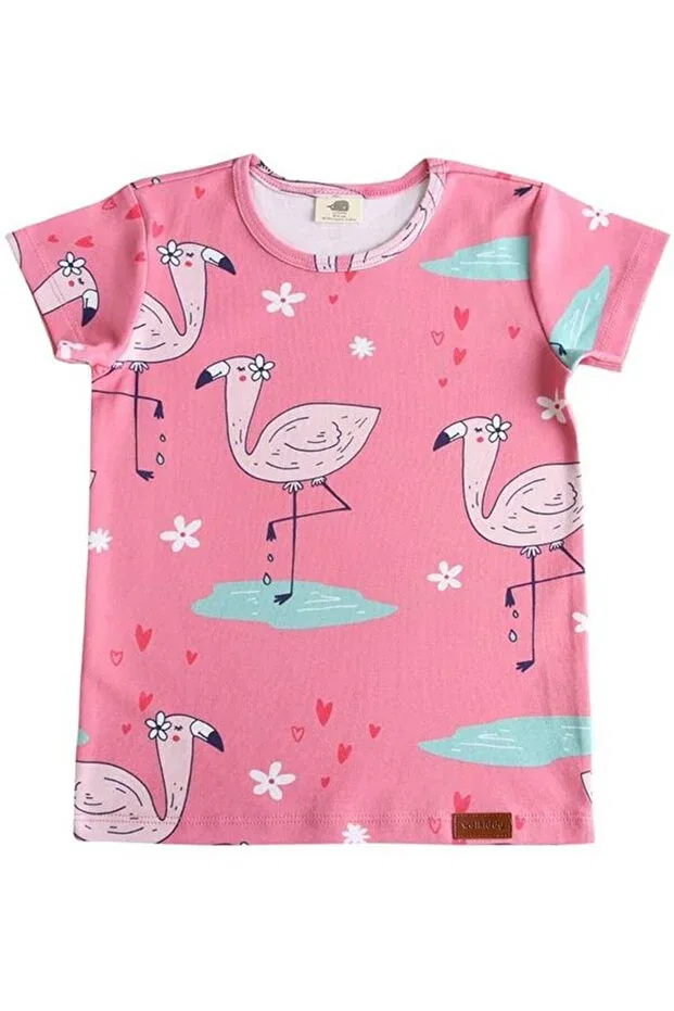 Детское для девочек хлопковое футболка Flamingo patterned organic tshirt Walkiddy, Pink — фото 2