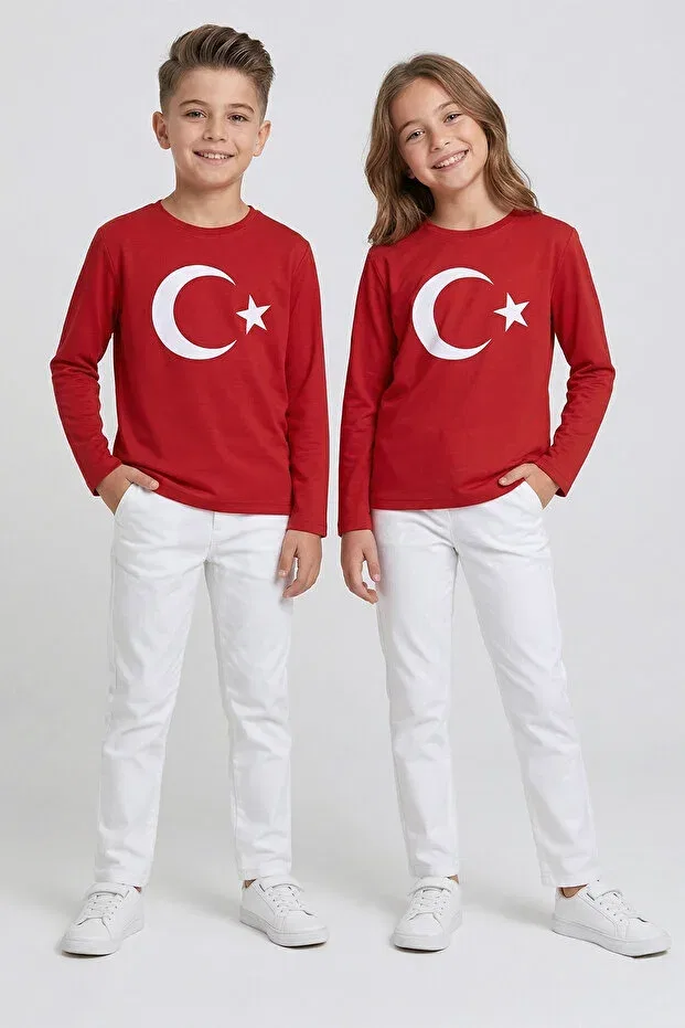 Детская футболка с принтом Crescent Star Turkish Flag Cotton 23 April Dmb Boys & Girls, Red — фото 2