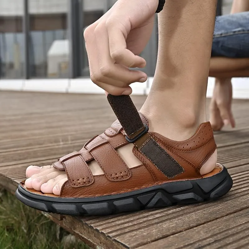 Men's Сандалии Leather Open Toe Outdoor Sport Adjustable Summer Beach Shoes Mecolop, хаки — фото 4