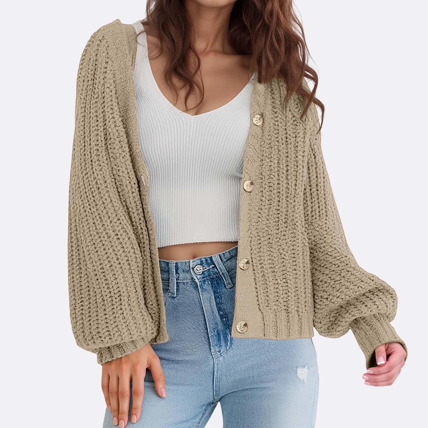 Женский кардиган свободного кроя с длинным рукавом, Beige 1 — фото 2