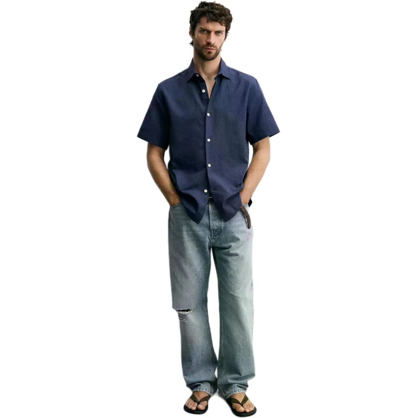 Мужская рубашка с лацканами прямого кроя Sea Blue ZARA, Sea Blue — фото 4