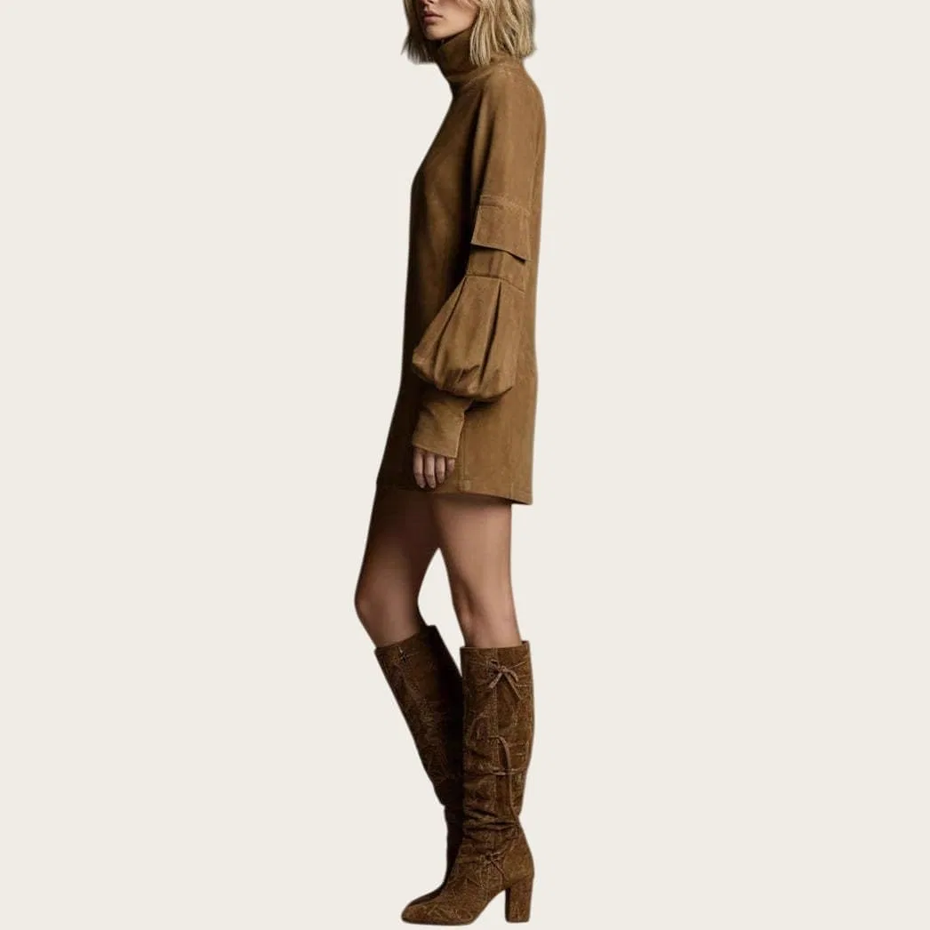 Женское мини-платье с высоким воротником из искусственной замши Vintage, Army Green — фото 4