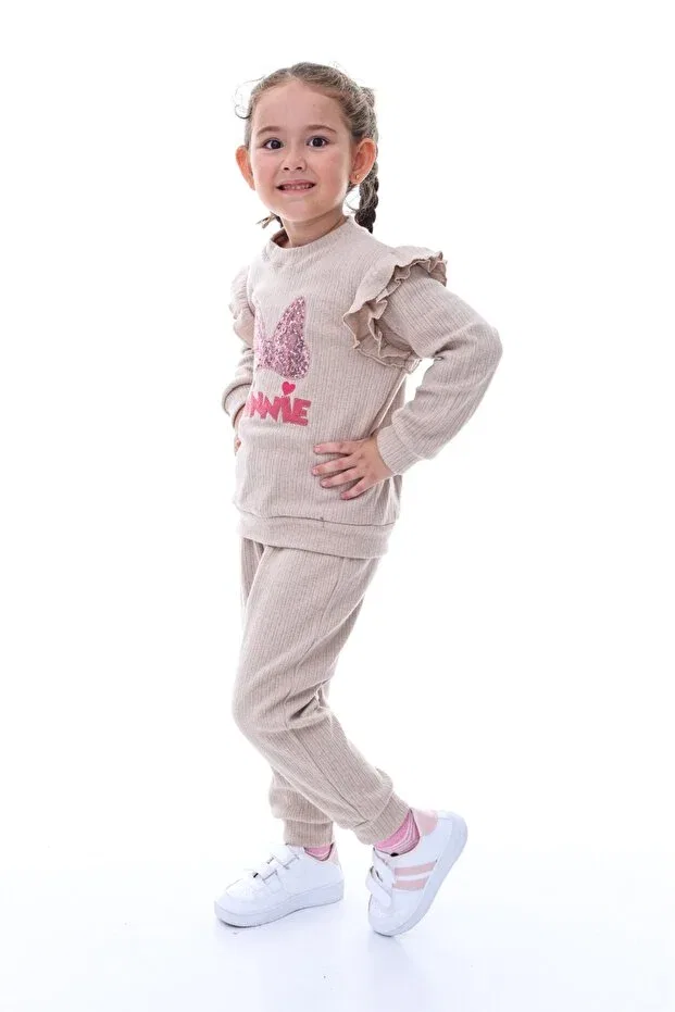 Детский комплект спортивного костюма для девочек с пайетками Minikiss, Beige — фото 4
